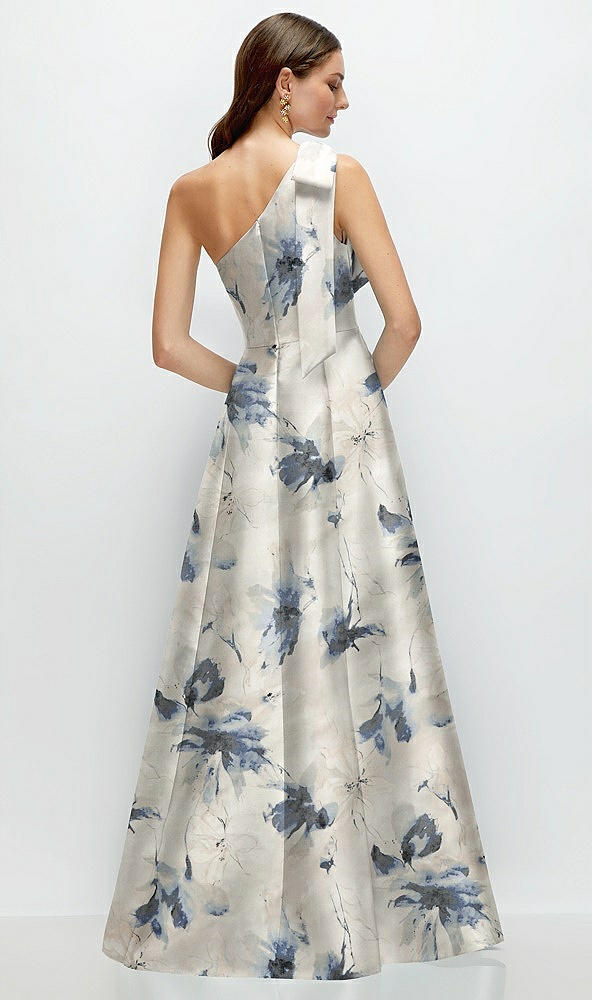 Back View - Inkwash Blue Floral Bow One-Shoulder Full A-Line Floral Satin Maxi Dress