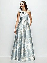 Front View Thumbnail - Porcelain Blue Seraphina Floral Bow One-Shoulder Full A-Line Floral Satin Maxi Dress