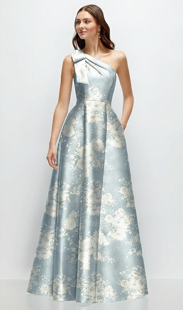 Front View - Porcelain Blue Seraphina Floral Bow One-Shoulder Full A-Line Floral Satin Maxi Dress