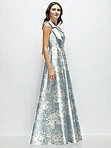 Side View Thumbnail - Porcelain Blue Seraphina Floral Bow One-Shoulder Full A-Line Floral Satin Maxi Dress