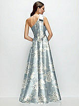 Rear View Thumbnail - Porcelain Blue Seraphina Floral Bow One-Shoulder Full A-Line Floral Satin Maxi Dress