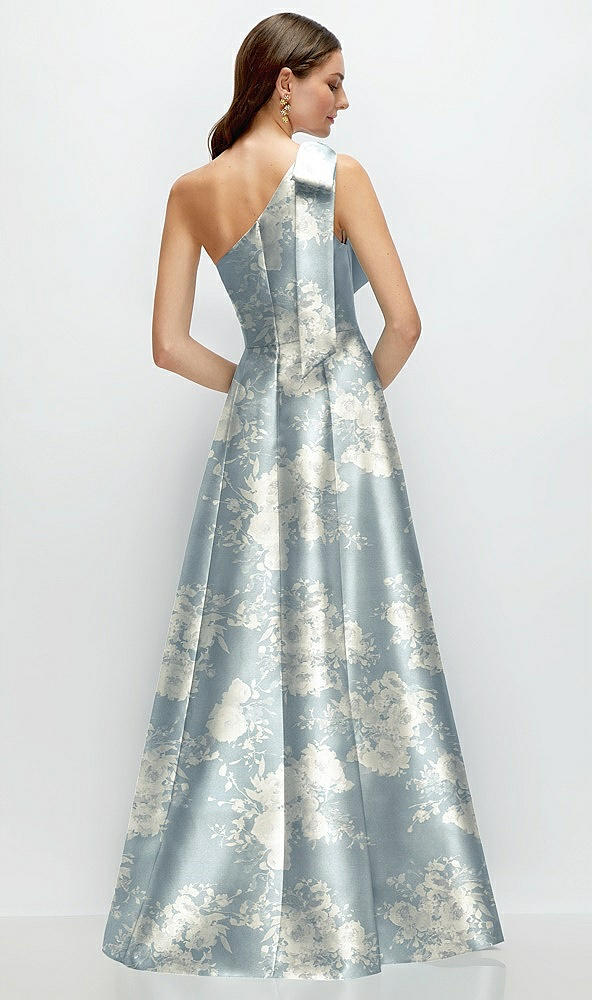 Back View - Porcelain Blue Seraphina Floral Bow One-Shoulder Full A-Line Floral Satin Maxi Dress