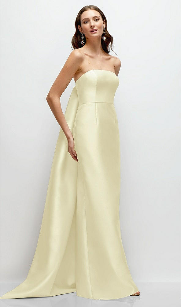 Front View - Butter Yellow Strapless Satin Column Dress with Removeable Watteau Train