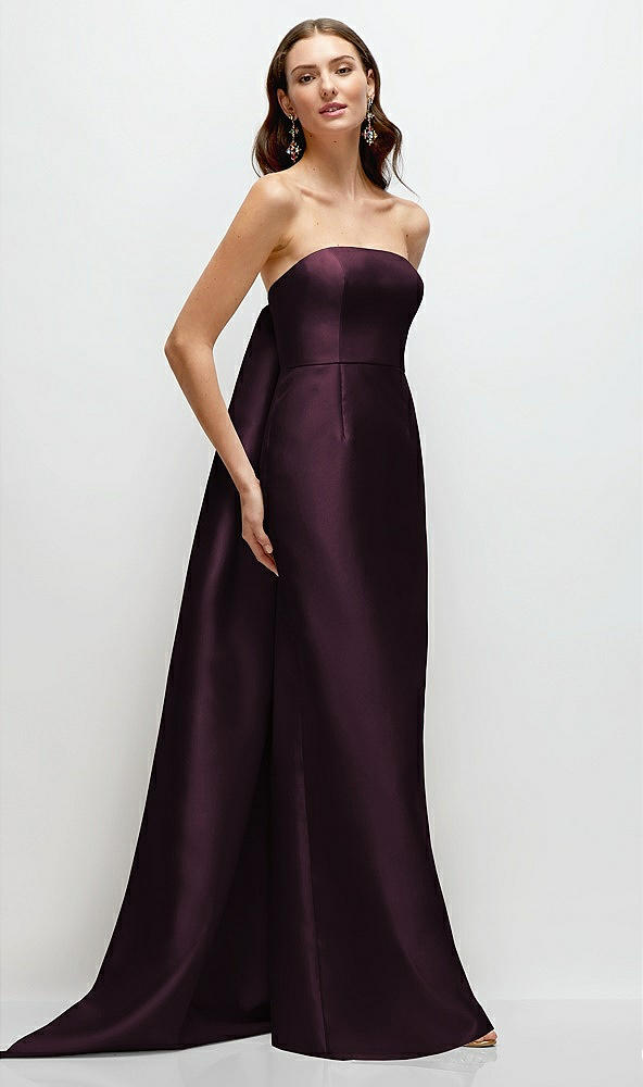 Front View - Deep Plum Strapless Satin Column Dress with Removeable Watteau Train