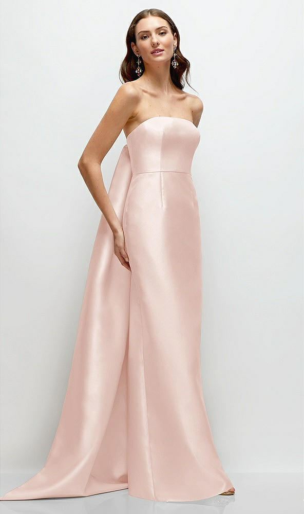 Front View - Blush Strapless Satin Column Dress with Removeable Watteau Train