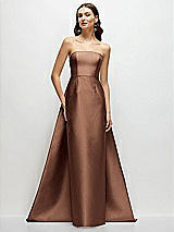 Side View Thumbnail - Cognac Strapless Satin Column Dress with Removeable Watteau Train