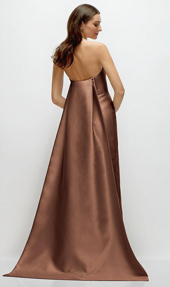 Back View - Cognac Strapless Satin Column Dress with Removeable Watteau Train
