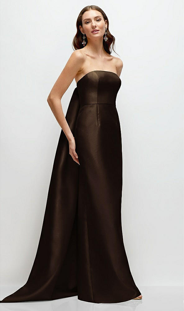 Front View - Espresso Strapless Satin Column Dress with Removeable Watteau Train