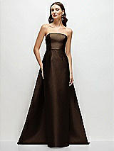 Side View Thumbnail - Espresso Strapless Satin Column Dress with Removeable Watteau Train