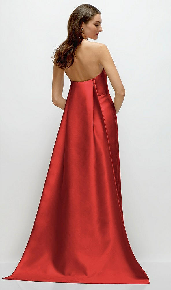 Back View - Poppy Red Strapless Satin Column Dress with Removeable Watteau Train