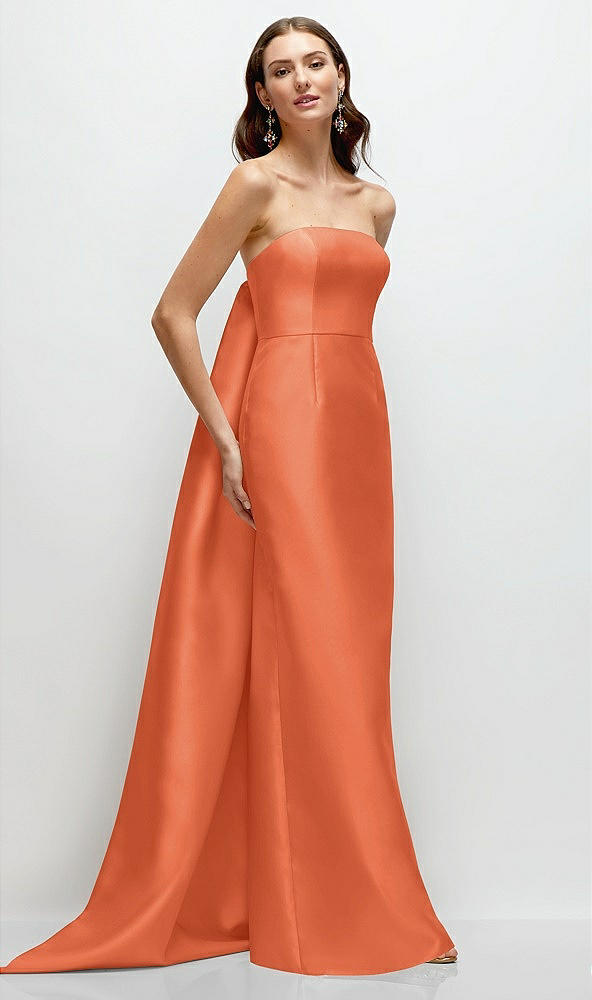 Front View - Portofino Orange Strapless Satin Column Dress with Removeable Watteau Train