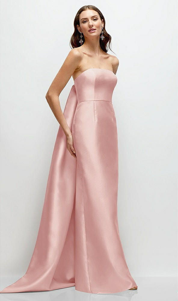 Front View - Rose Strapless Satin Column Dress with Removeable Watteau Train