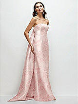Side View Thumbnail - Bow And Blossom Print Strapless Floral Satin Column Dress with Removeable Watteau Train
