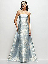 Front View Thumbnail - Porcelain Blue Seraphina Floral Strapless Floral Satin Column Dress with Removeable Watteau Train