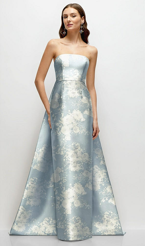 Front View - Porcelain Blue Seraphina Floral Strapless Floral Satin Column Dress with Removeable Watteau Train