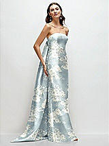 Side View Thumbnail - Porcelain Blue Seraphina Floral Strapless Floral Satin Column Dress with Removeable Watteau Train