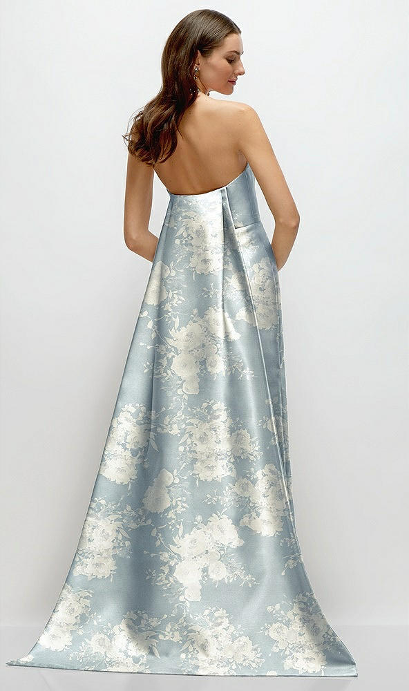 Back View - Porcelain Blue Seraphina Floral Strapless Floral Satin Column Dress with Removeable Watteau Train