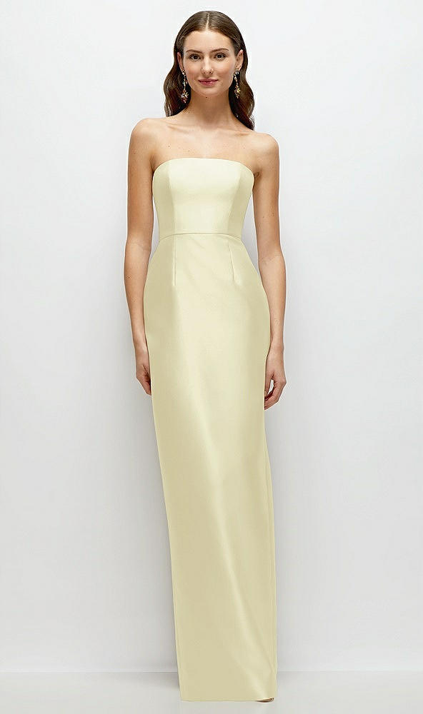 Front View - Butter Yellow Strapless Satin Column Dress with Back Slit
