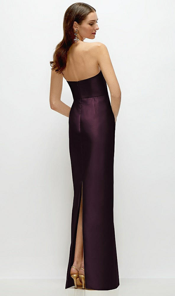 Back View - Deep Plum Strapless Satin Column Dress with Back Slit