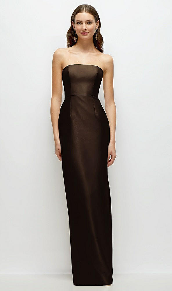 Front View - Espresso Strapless Satin Column Dress with Back Slit