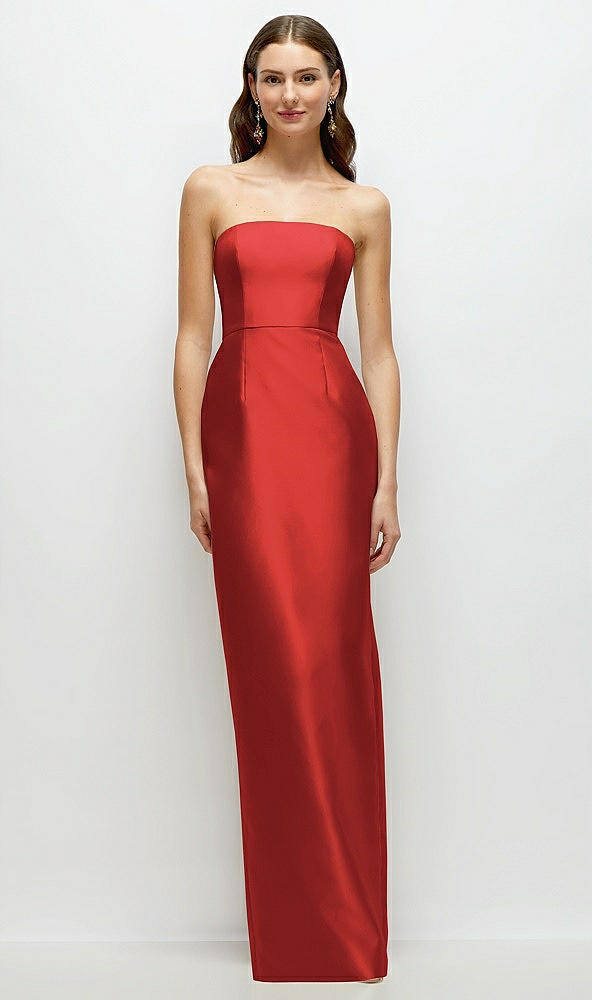 Front View - Poppy Red Strapless Satin Column Dress with Back Slit