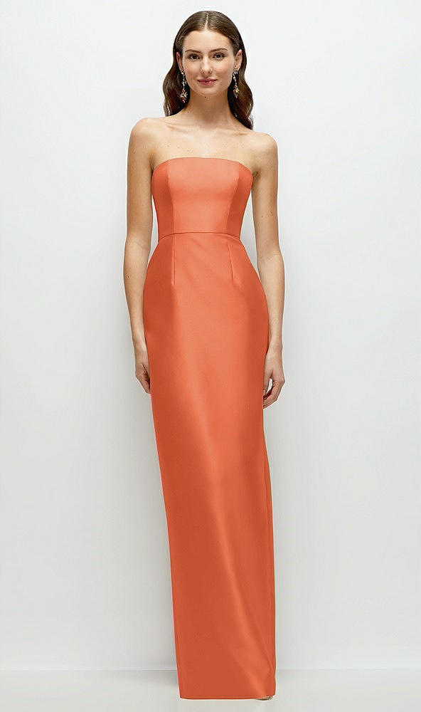 Front View - Portofino Orange Strapless Satin Column Dress with Back Slit