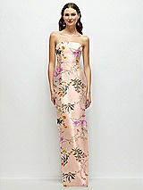 Front View Thumbnail - Butterfly Botanica Pink Sand Strapless Floral Satin Column Dress with Back Slit