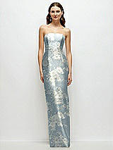 Front View Thumbnail - Porcelain Blue Seraphina Floral Strapless Floral Satin Column Dress with Back Slit