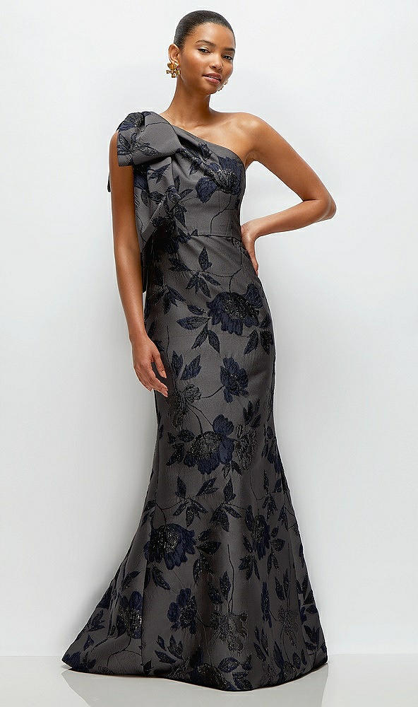 Front View - Noir Midnight Navy Noir Midnight Navy Bow One-Shoulder Floral Metallic Jacquard Maxi Dress with Trumpet Skirt
