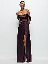 Front View Thumbnail - Deep Plum A-Line Satin Maxi Dress with Convertible Off-the-Shoulder or Strapless Looks 
