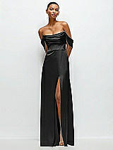 Front View Thumbnail - Black A-Line Satin Maxi Dress with Convertible Off-the-Shoulder or Strapless Looks