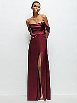 Front View Thumbnail - Cabernet A-Line Satin Maxi Dress with Convertible Off-the-Shoulder or Strapless Looks