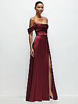 Side View Thumbnail - Cabernet A-Line Satin Maxi Dress with Convertible Off-the-Shoulder or Strapless Looks