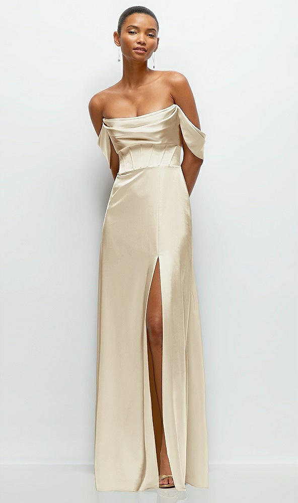 Front View - Champagne A-Line Satin Maxi Dress with Convertible Off-the-Shoulder or Strapless Looks