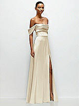 Side View Thumbnail - Champagne A-Line Satin Maxi Dress with Convertible Off-the-Shoulder or Strapless Looks