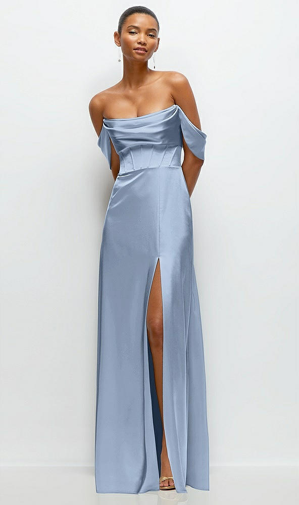Front View - Cloudy A-Line Satin Maxi Dress with Convertible Off-the-Shoulder or Strapless Looks