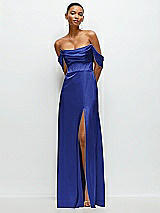 Front View Thumbnail - Cobalt Blue A-Line Satin Maxi Dress with Convertible Off-the-Shoulder or Strapless Looks