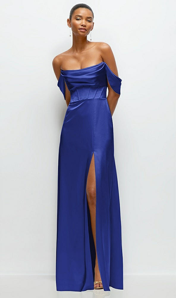 Front View - Cobalt Blue A-Line Satin Maxi Dress with Convertible Off-the-Shoulder or Strapless Looks