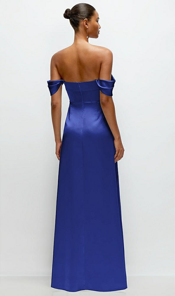 Back View - Cobalt Blue A-Line Satin Maxi Dress with Convertible Off-the-Shoulder or Strapless Looks