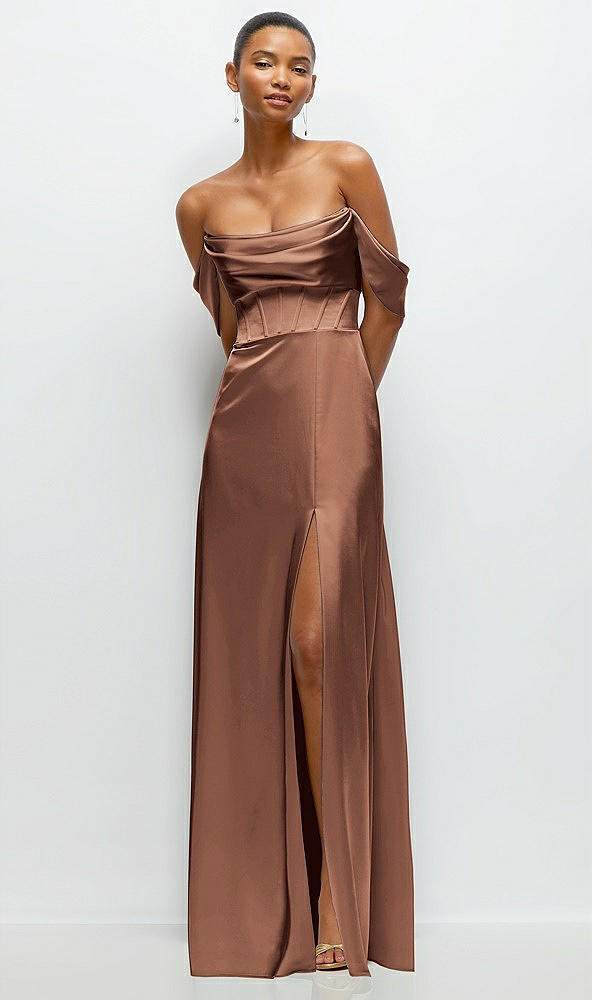 Front View - Cognac A-Line Satin Maxi Dress with Convertible Off-the-Shoulder or Strapless Looks