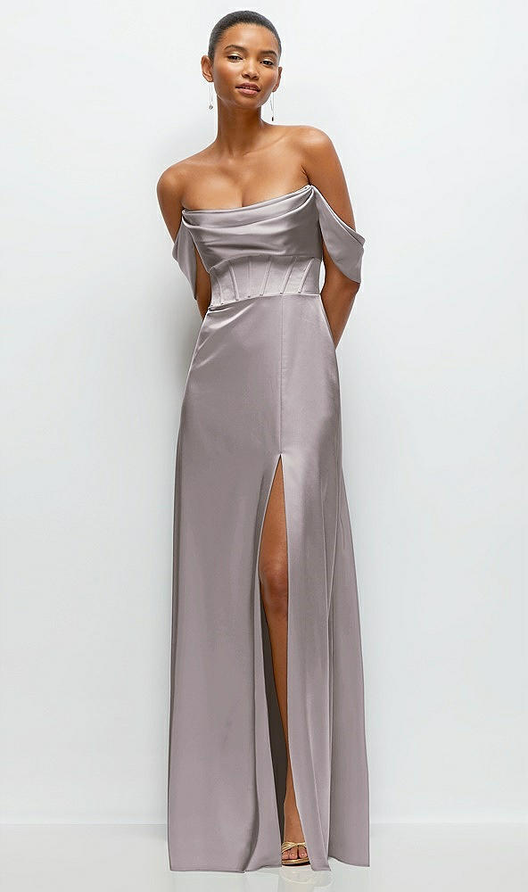 Front View - Cashmere Gray A-Line Satin Maxi Dress with Convertible Off-the-Shoulder or Strapless Looks