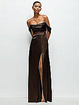 Front View Thumbnail - Espresso A-Line Satin Maxi Dress with Convertible Off-the-Shoulder or Strapless Looks