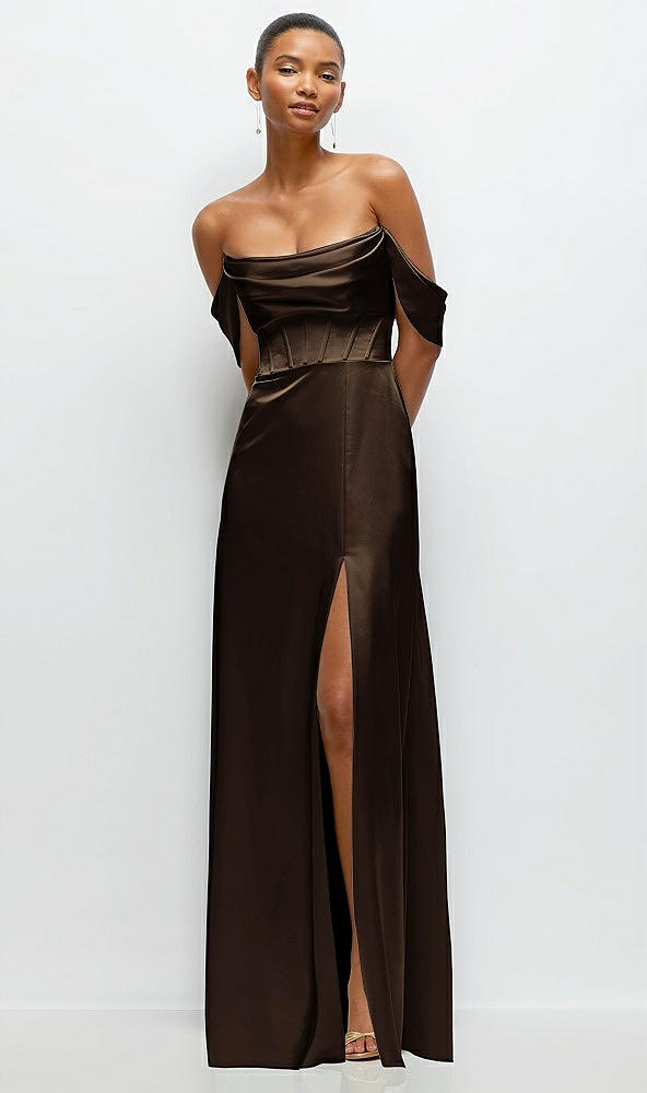 Front View - Espresso A-Line Satin Maxi Dress with Convertible Off-the-Shoulder or Strapless Looks