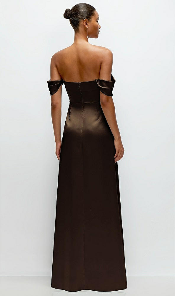 Back View - Espresso A-Line Satin Maxi Dress with Convertible Off-the-Shoulder or Strapless Looks