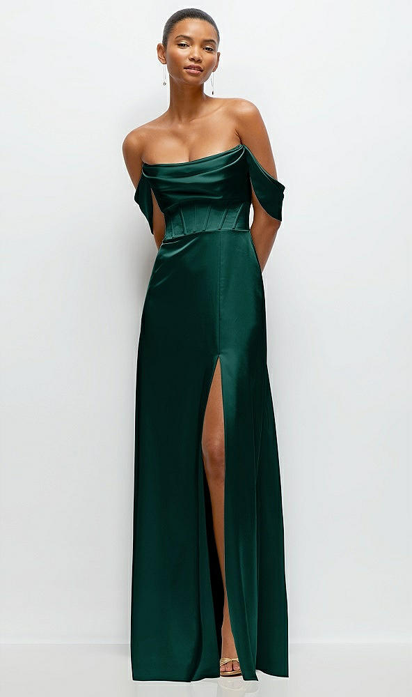 Front View - Evergreen A-Line Satin Maxi Dress with Convertible Off-the-Shoulder or Strapless Looks