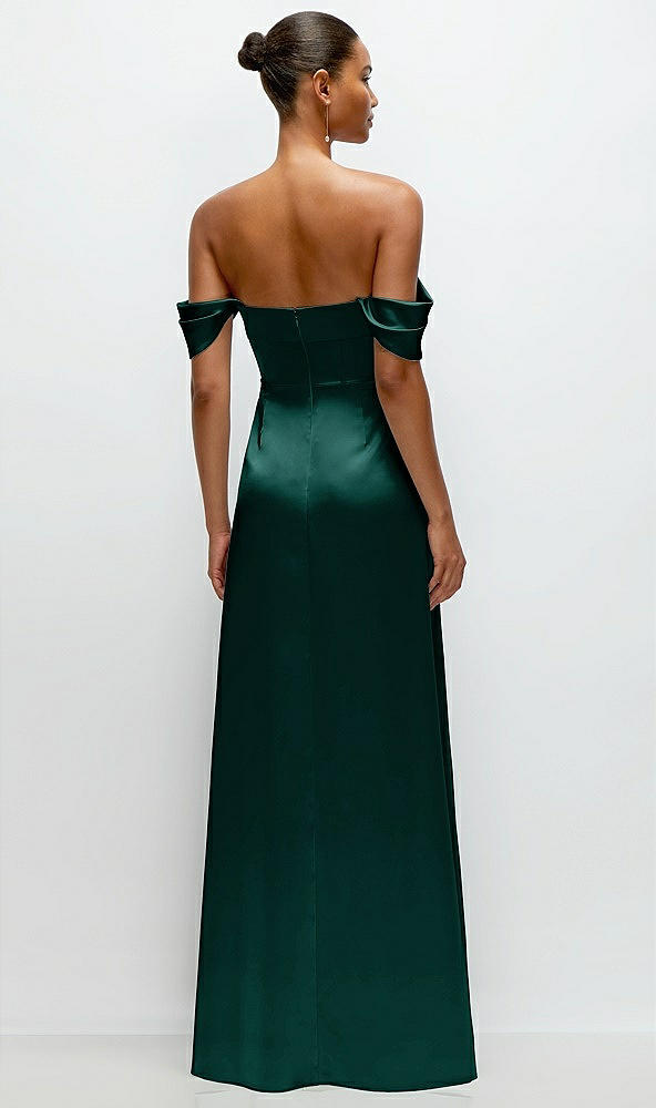 Back View - Evergreen A-Line Satin Maxi Dress with Convertible Off-the-Shoulder or Strapless Looks