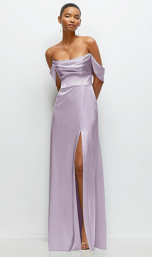Front View - Lilac Haze A-Line Satin Maxi Dress with Convertible Off-the-Shoulder or Strapless Looks