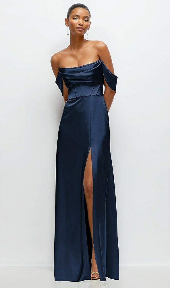 Front View - Midnight Navy A-Line Satin Maxi Dress with Convertible Off-the-Shoulder or Strapless Looks