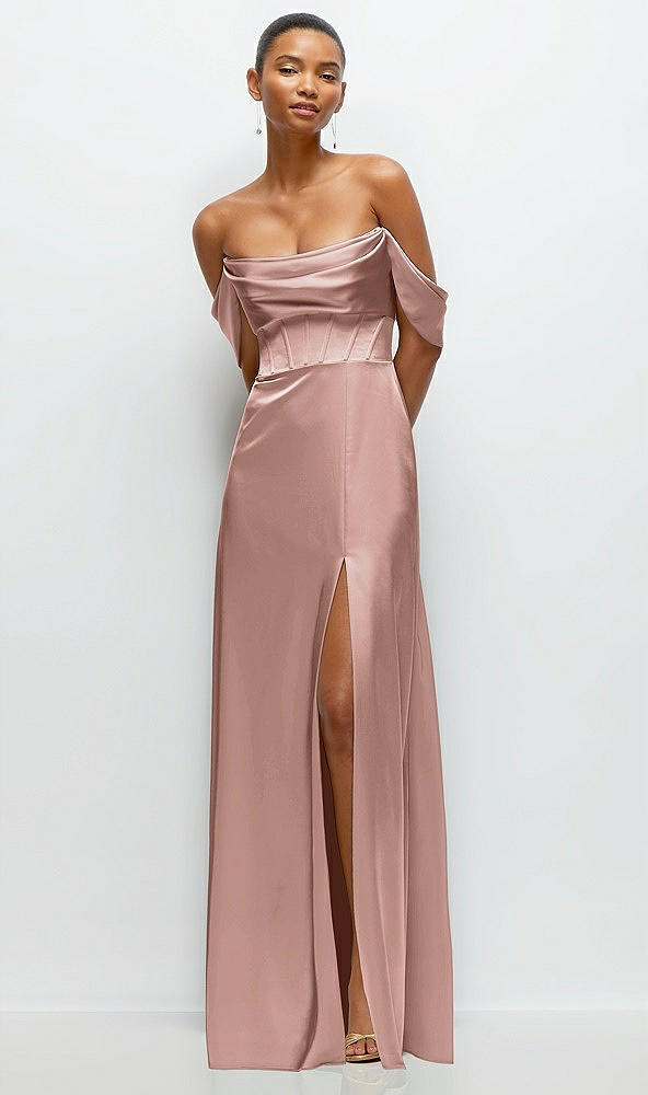 Front View - Neu Nude A-Line Satin Maxi Dress with Convertible Off-the-Shoulder or Strapless Looks