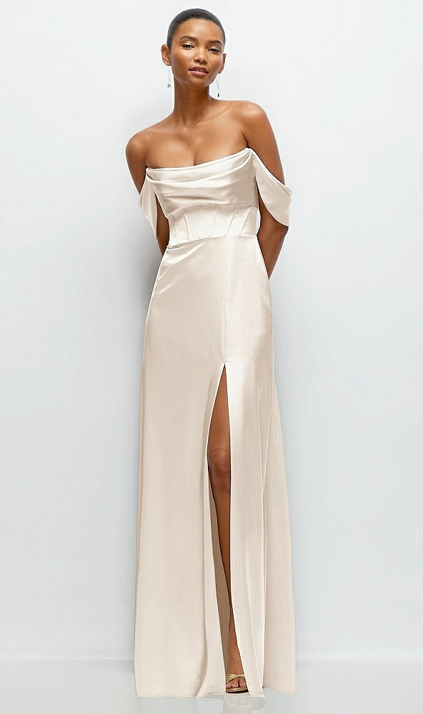 Front View - Oat A-Line Satin Maxi Dress with Convertible Off-the-Shoulder or Strapless Looks